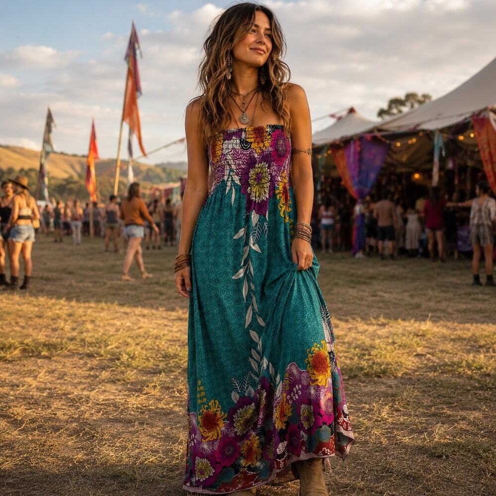 Mind Code Strapless Maxi Dress Sz M Tropical Smock Boho Resort Festival Hippie